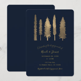 Invitación Bosque oscuro azul y dorado árboles compromiso