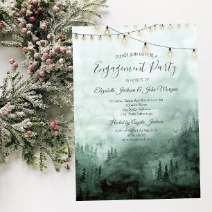 Invitación Bosque, Pinos Árboles, String Lights Green Engagem