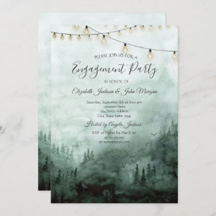 Invitación Bosque, Pinos Árboles, String Lights Green Engagem