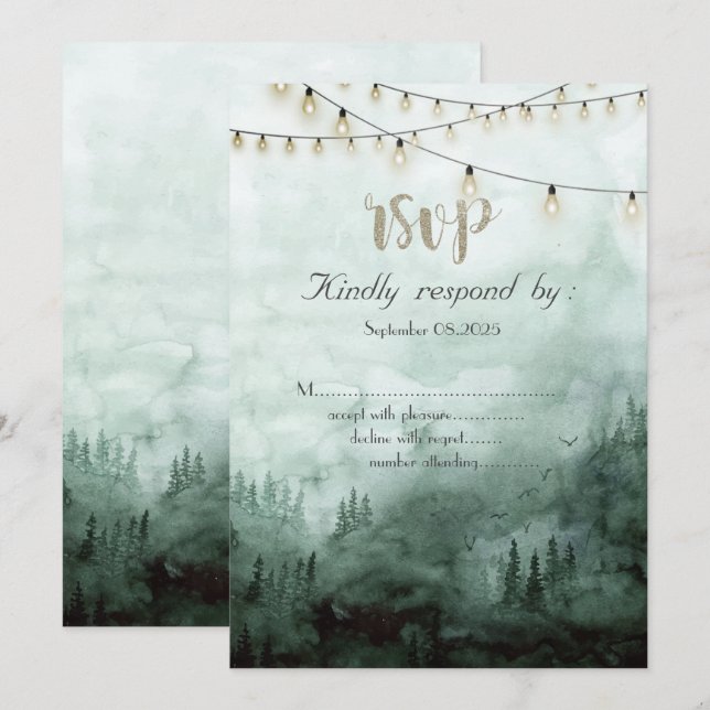 Invitación Bosque,Pinos Árboles,String Luces Verde RSVP (Anverso / Reverso)