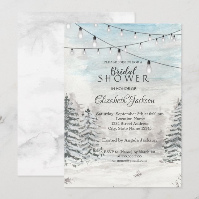 Invitación Bosque, Pinos, Luces de Cadenas, Acuarela (Anverso / Reverso)
