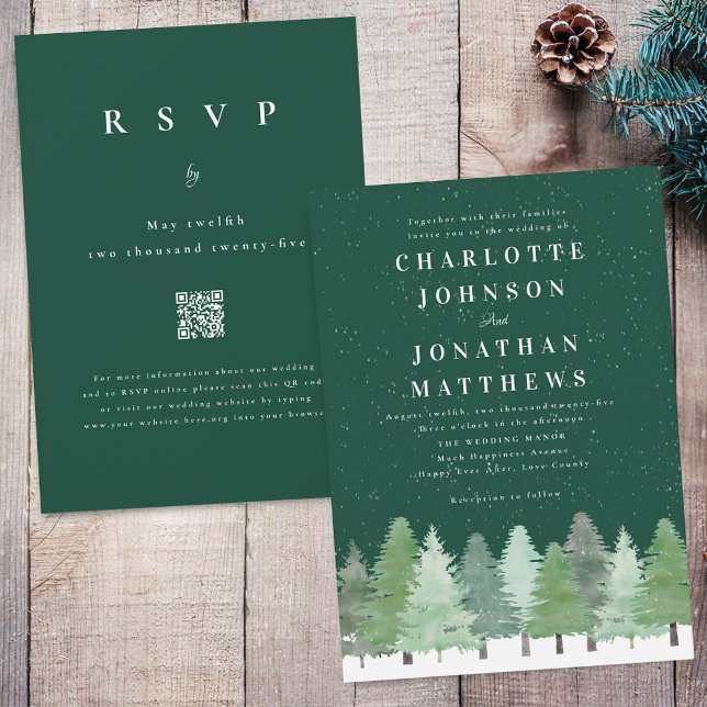 Invitación Bosque QR Código Boda Verde de Invierno (Modern elegant watercolor Woodland forest green winter wedding qr code invitation)