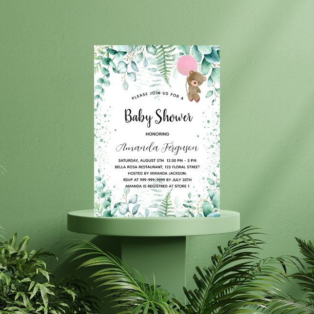 Invitación Bosque rosa del oso de peluche de Baby Shower euca (Subido por el creador)