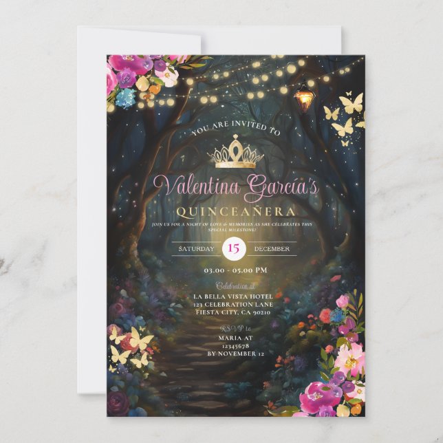 Invitación Bosque rosa Quinceañera 15 Flores de oro (Anverso)