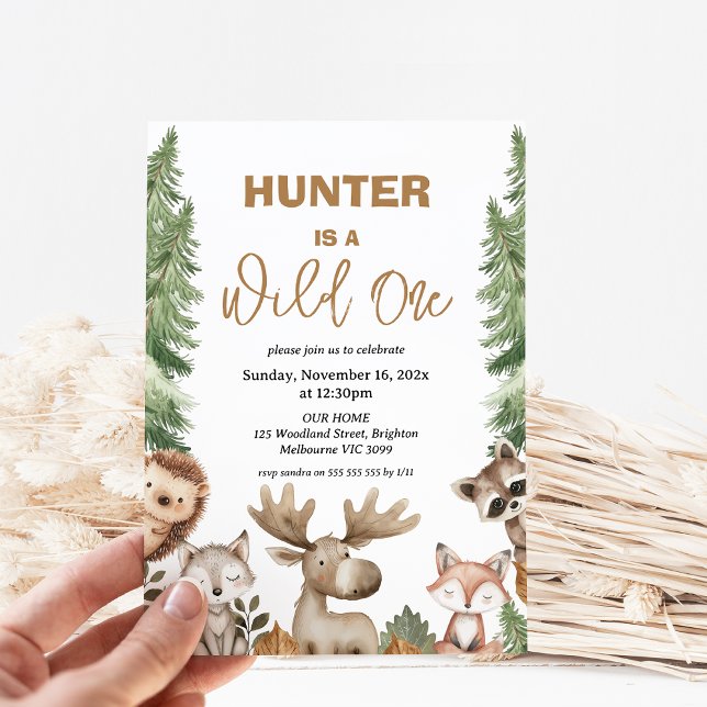 Invitación Bosque rústico de Moose Woodland Un primer cumplea (Moose Woodland Wild One 1st Birthday Party Invitation, Woodland Wild One Birthday Invitation, Boy)
