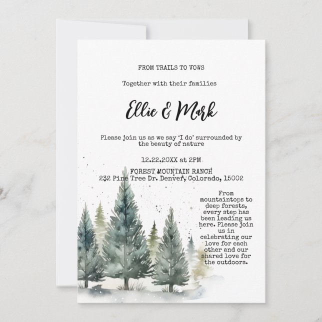 Invitación Bosque Rústico de Pinos Nevados Boda al Aire Libre (Anverso)