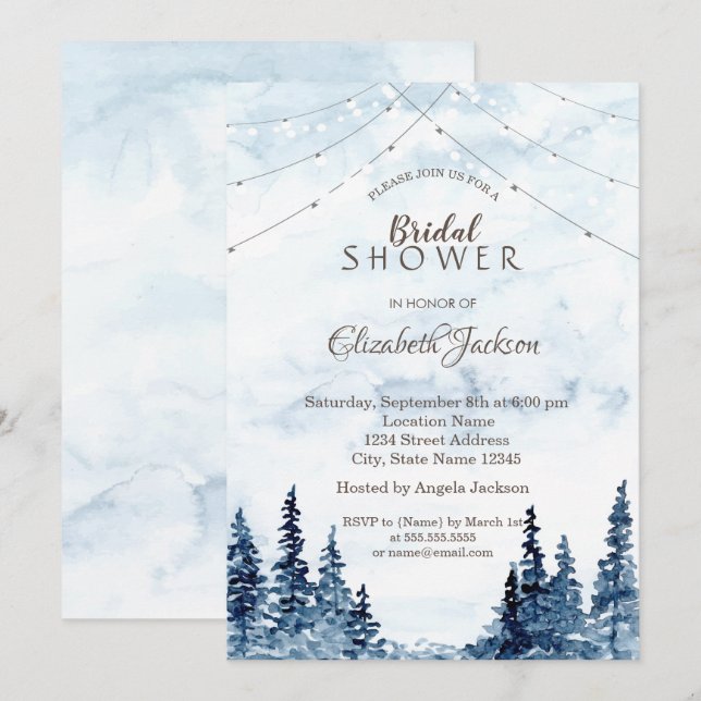 Invitación Bosque Rústico, Luces de Cadenas, Acuarela (Anverso / Reverso)