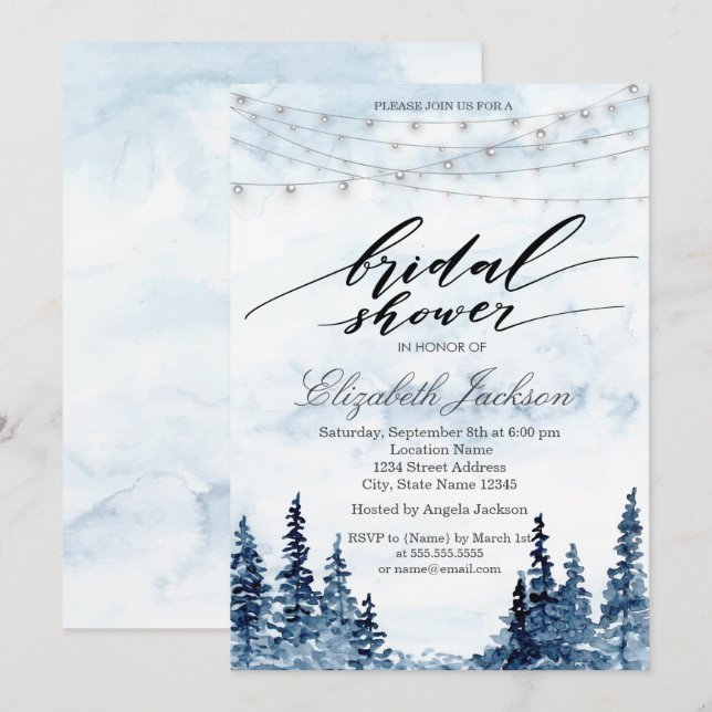 Invitación Bosque Rústico, Luces de Cadenas, Árboles de Acuar (Anverso / Reverso)