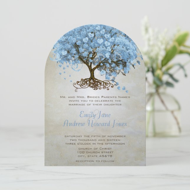 Invitación Bosque Serenity Blue Heart Leaf Tree Boda (Anverso de pie)