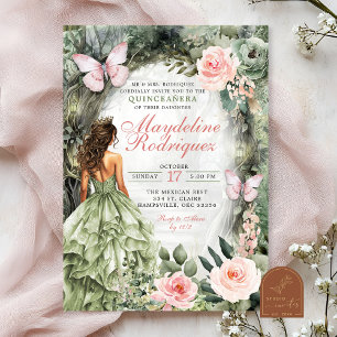 Invitación Bosque singulares rosa y verde sabio Quinceanera