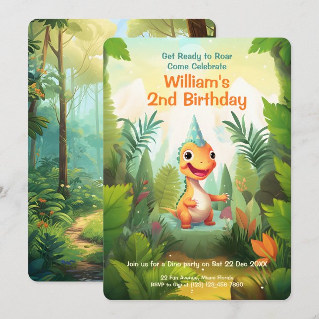 Invitación Bosque tropical de los dinosaurios cutáneos | Cump (Anverso / Reverso)