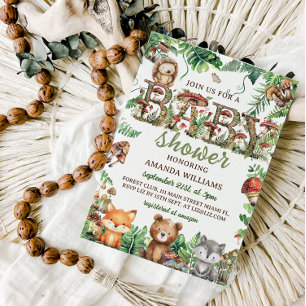 Invitación Bosque Vegetación Botánica Animales Baby Shower