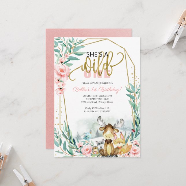 Invitación Bosque Verde Ella Es Una Salvaje Primer Cumpleaños (Anverso/Reverso In Situ)