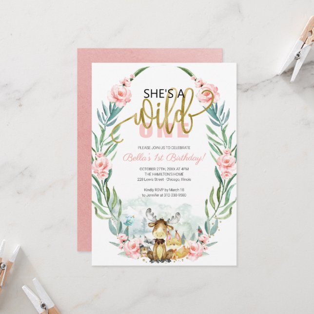 Invitación Bosque Verde Ella Es Una Salvaje Primer Cumpleaños (Anverso/Reverso In Situ)