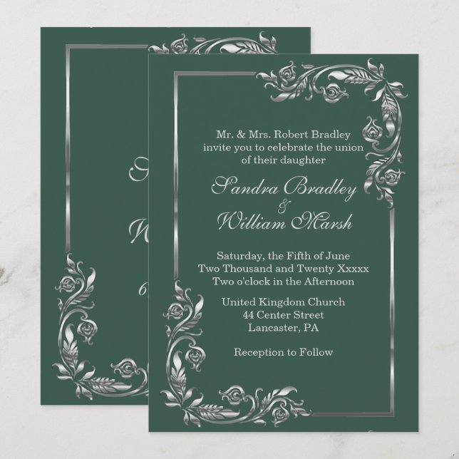 Invitación Bosque Verde Marco de Plata (Anverso / Reverso)