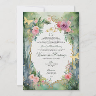 Invitación Bosque Verde Salvia Rosa Floral Dulce 15 Quinceañe