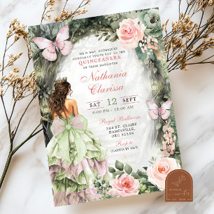 Invitación Bosque Whimsical Pink Sage Green Quinceanera