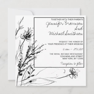 Invitación Bosquejo de flor blanco y negro botánico