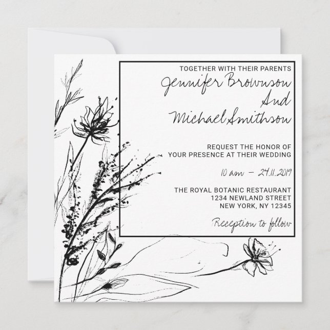 Invitación Bosquejo de flor blanco y negro botánico (Anverso)
