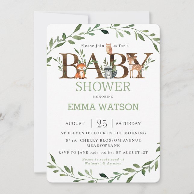 Invitación Bosques de animales Moda Baby Shower vegetación ne (Anverso)