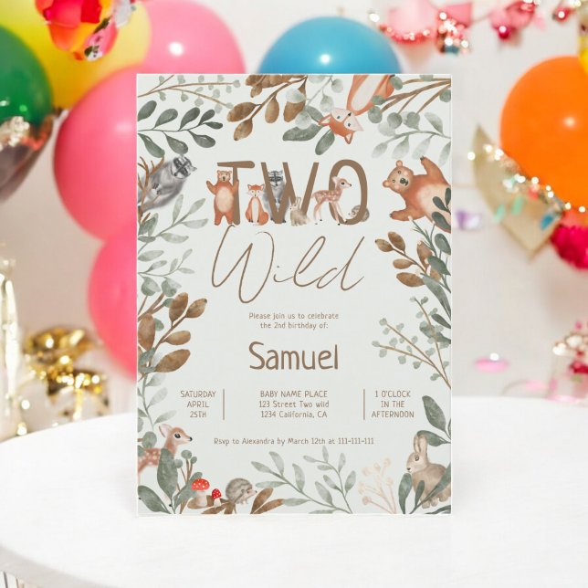 Invitación Bosques de finca de vegetación suave, bosques, seg (Cute greenery forest animals woodland 2nd birthday invitation)