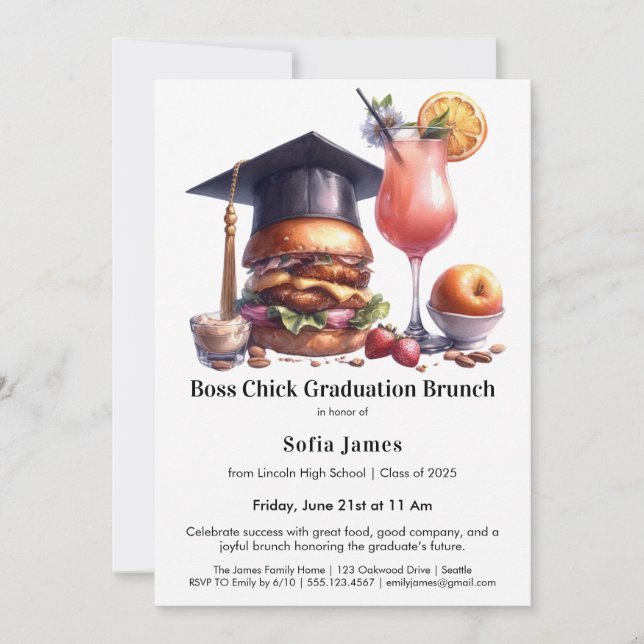 Invitación Boss Chick Graduation Brunch & BBQ (Anverso)