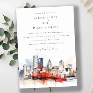 Invitación Boston Massachusetts City Scape Watercolor Boda