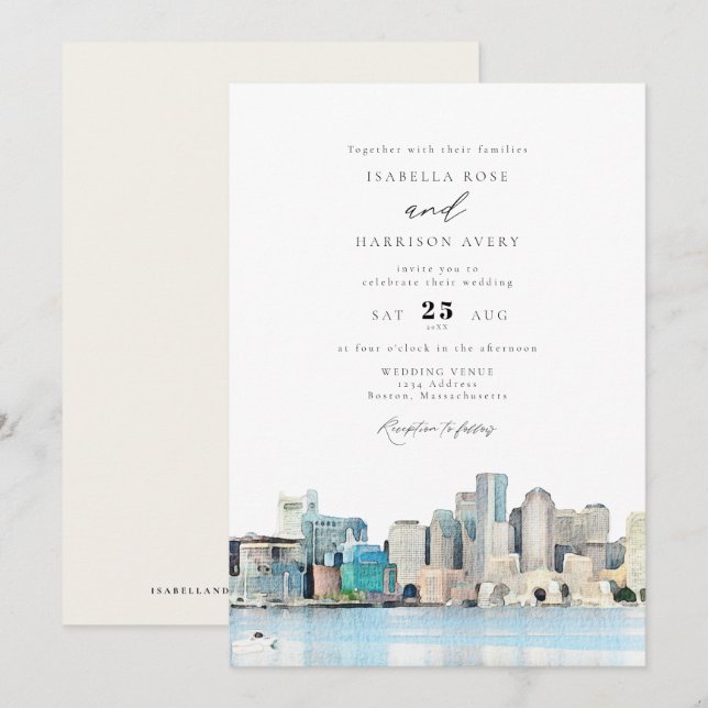 Invitación BOSTON Massachusetts Watercolor Skyline Boda (Anverso / Reverso)