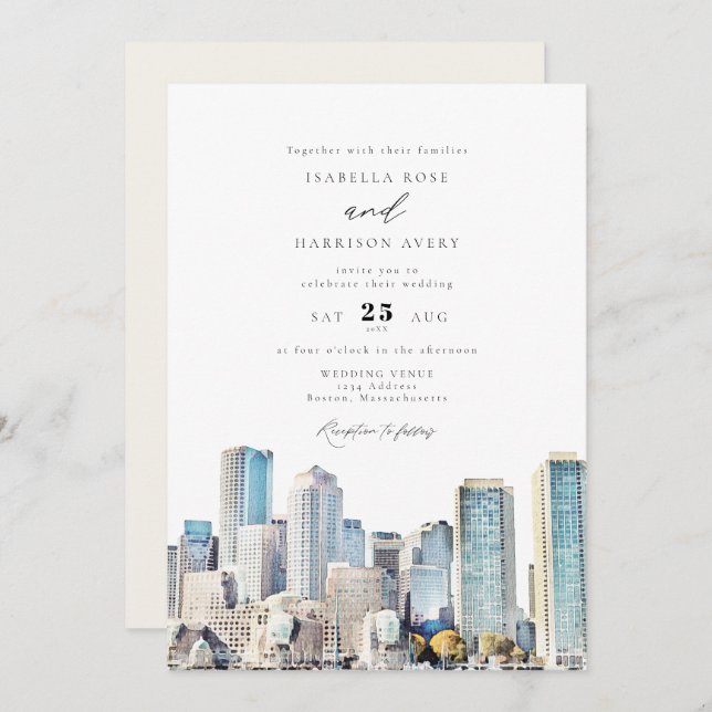 Invitación BOSTON Massachusetts Watercolor Skyline Boda En (Anverso / Reverso)