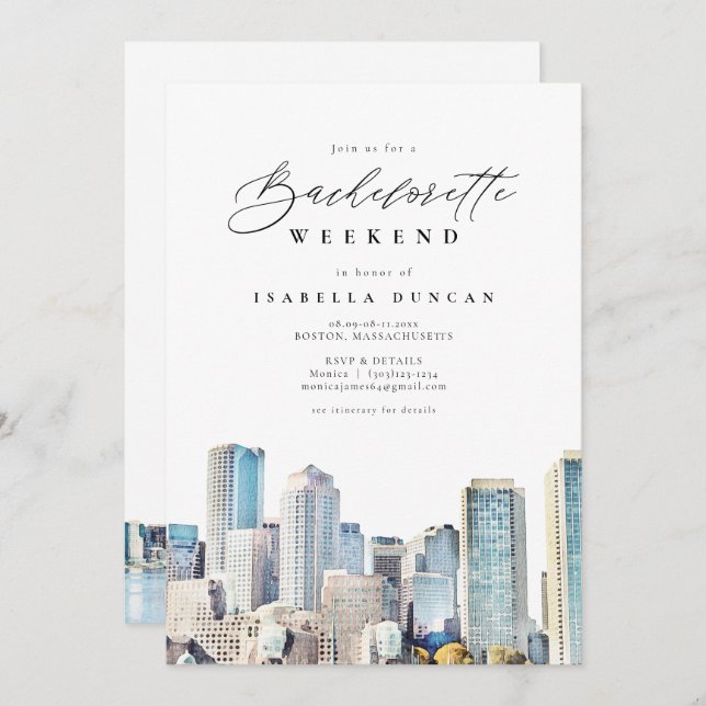 Invitación BOSTON Skyline Bachelorette Weekend Itinerario (Anverso / Reverso)