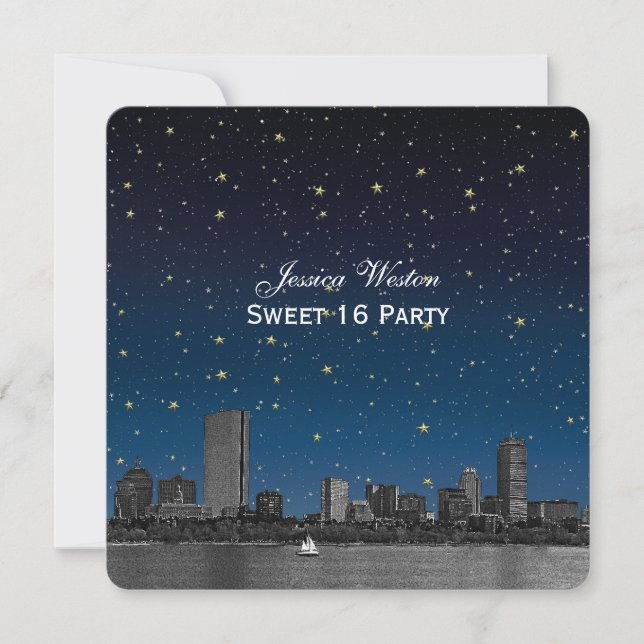 Invitación Boston Skyline Blue Estrellada Grabado Dulce 16 (Anverso)