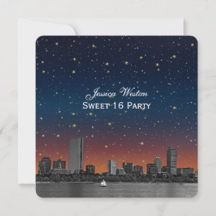 Invitación Boston Skyline Blue Estrellada Grabado Dulces 16