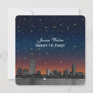 Invitación Boston Skyline Blue Estrellada Grabado Dulces 16