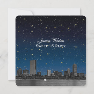 Invitación Boston Skyline Blue Starry Etched Sweet 16