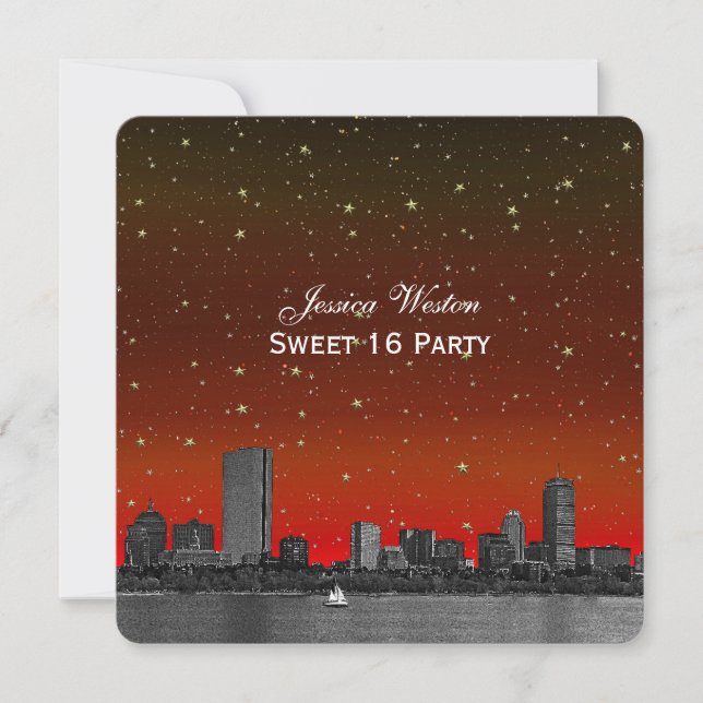 Invitación Boston Skyline Blue Starry Etched Sweet 16 (Anverso)