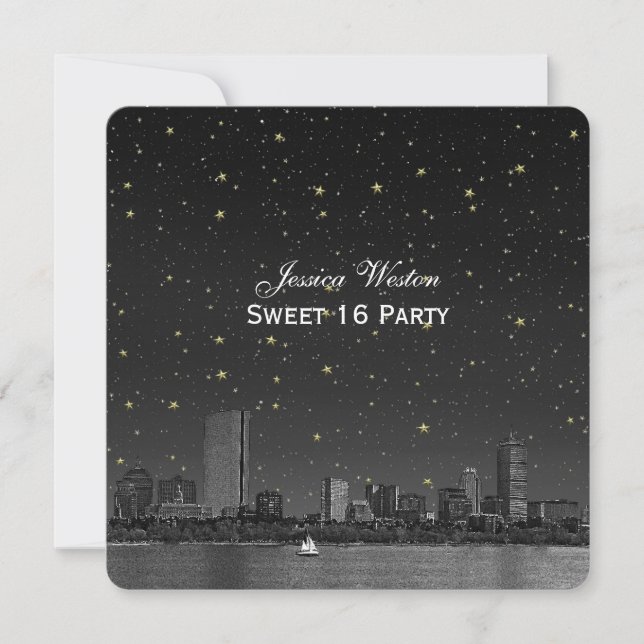Invitación Boston Skyline Blue Starry Etched Sweet 16 (Anverso)