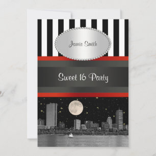 Invitación Boston Skyline BW Blk Wht Strp Red Sweet 16 Fiesta