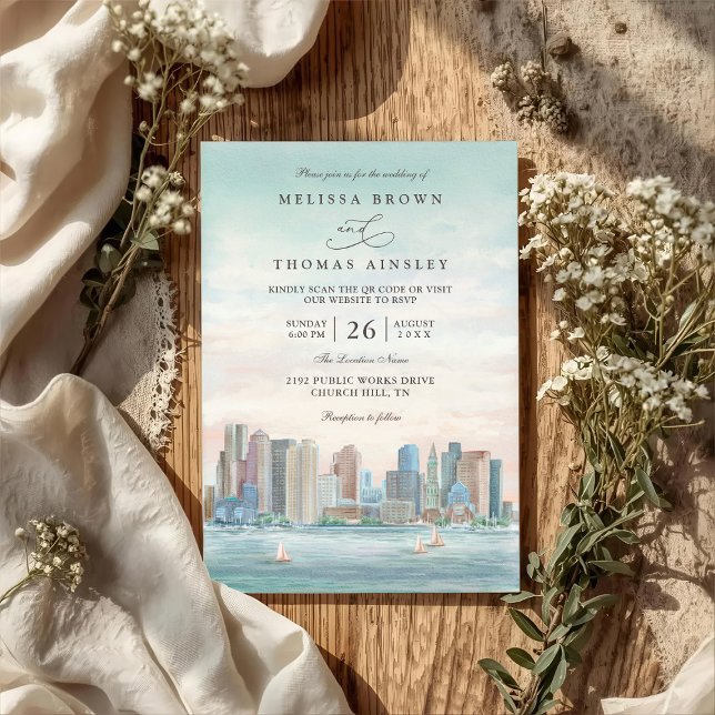 Invitación Boston Skyline Destination Elegant QR Code Wedding (Subido por el creador)