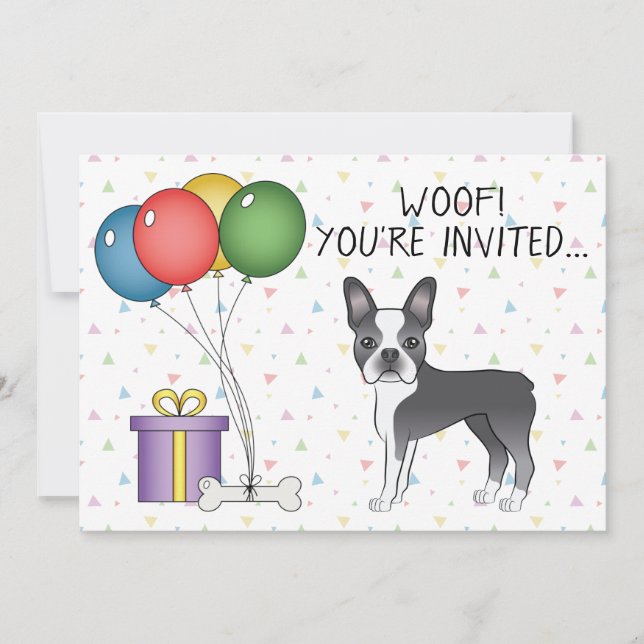 Invitación Boston Terrier Blanco y Azul Perro Lindo - Cumplea (Anverso)