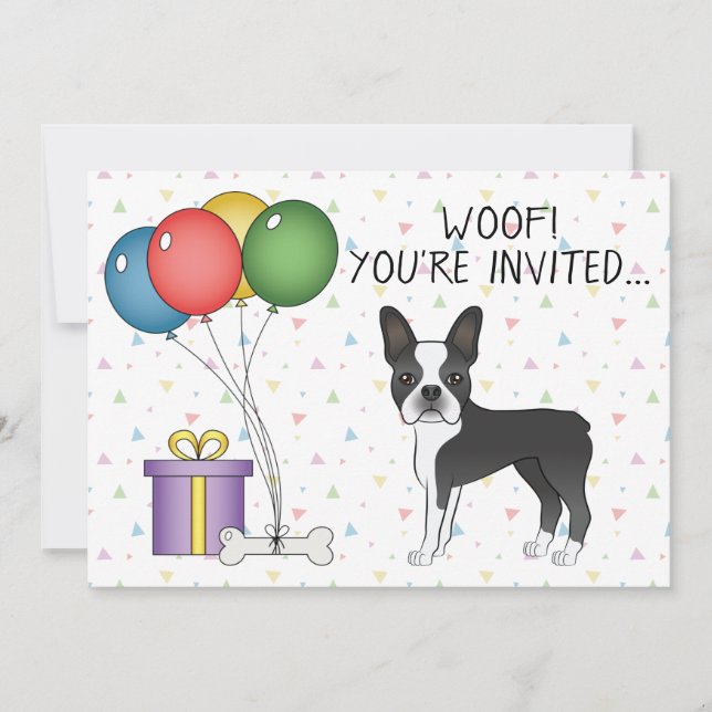 Invitación Boston Terrier Blanco Y Negro Perro Lindo - Cumple (Anverso)