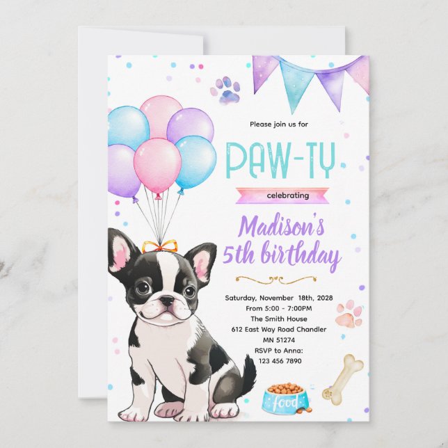 Invitación Boston Terrier girl theme invitation (Anverso)