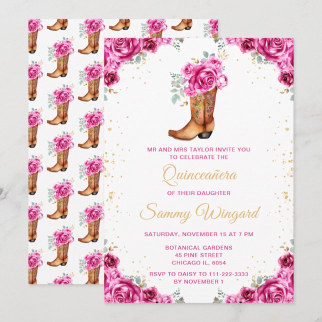 Invitación Bota de Bote Floral de Oro Caliente Rosa Quinceañe (Anverso / Reverso)