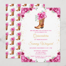 Invitación Bota de Bote Floral de Oro Caliente Rosa Quinceañe