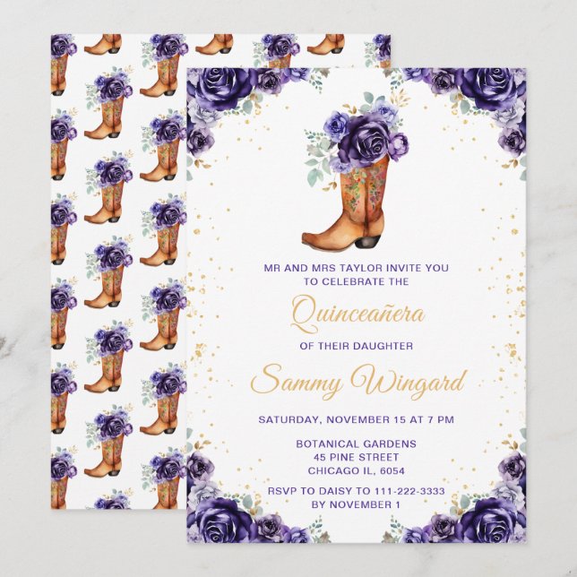 Invitación Bota de Bote Floral de Oro Púrpura Oscuro Quinceañ (Anverso / Reverso)