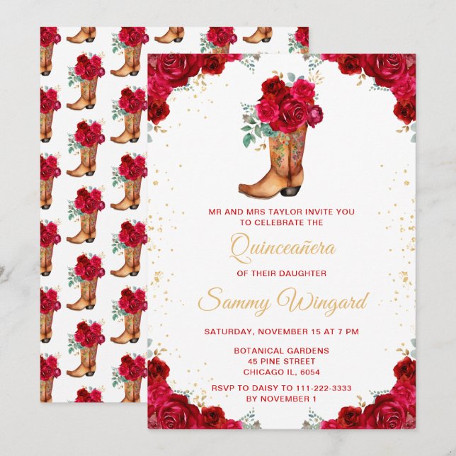 Invitación Bota de Bote Floral Rojo y Oro Quinceañera (Anverso / Reverso)