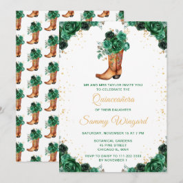 Invitación Bota de Bote Floral Verde Oscuro y Oro Quinceañera