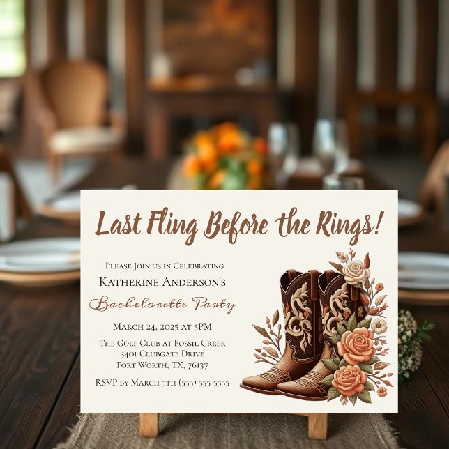 Invitación Bota de vaca occidental en el campo con flores (Country Western-Flowers with Cowboy Boots-Bachelorette Party Invitation-Last Fling before the rings)