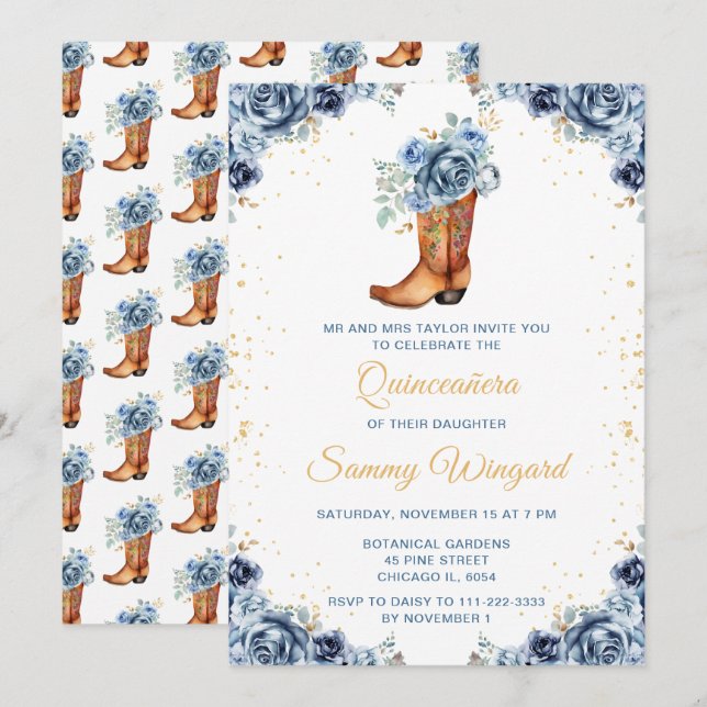 Invitación Bota de vaquero floral azul y dorado Quinceañera (Anverso / Reverso)