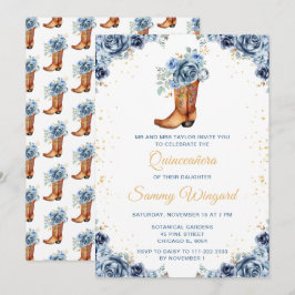 Invitación Bota de vaquero floral azul y dorado Quinceañera