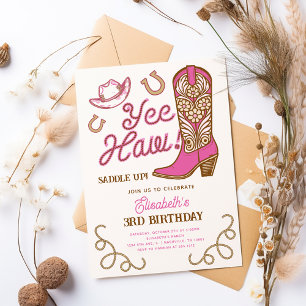 Invitación Bota de vaquero rosa Yee Haw Cumpleaños de Rodeo p